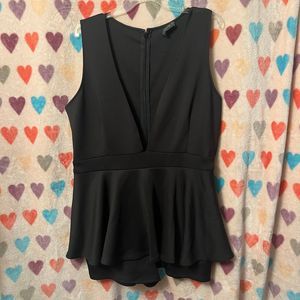 Plunge V-neck Peplum Romper Black Plus 2x Sleeveless
